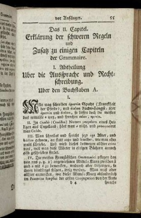 Das II. Capitel. Erklärung der schweren Regeln und Zusatz zu einigen Capiteln der Grammaire.