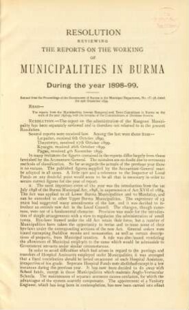 Resolution reviewing the reports on the working of municipalities in Burma during the year 1898-99