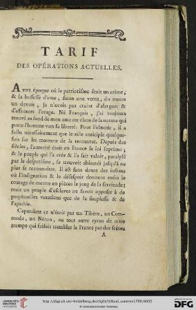 Tarif des opérations actuelles