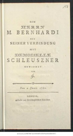 Dem Herrn M. Bernhardi Bey Seiner Verbindung Mit Demoiselle Schleuszner