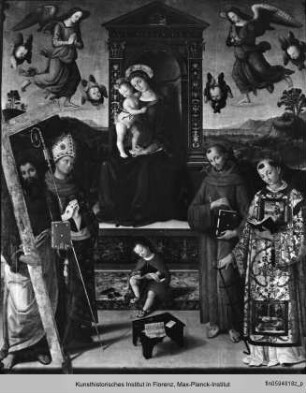 Thronende Maria mit Kind und den Heiligen Andreas, Ludwig von Toulouse, Franziskus, Laurentius und dem Johannesknaben