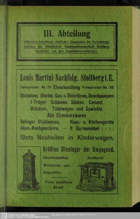 III. Abteilung. Offizielles Adreßbuch sämtlicher Gemeinden des Verwaltungsbezirkes der Königlichen Amtshauptmannschaft Stollberg, bearbeitet von den Gemeindenverwaltungen