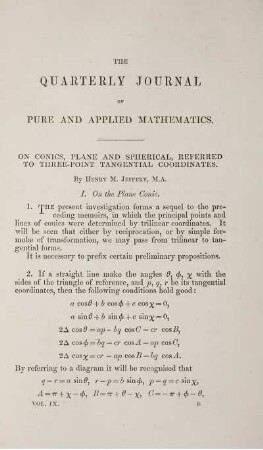 On conic, plane and spherical, referred to three-point tangential coordinates.