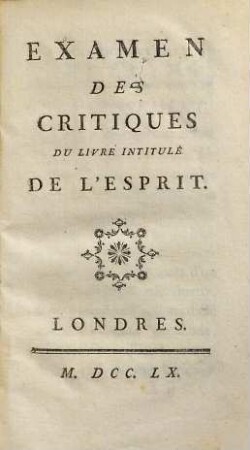 Examen Des Critiques Du Livre Intitulé De L'Esprit