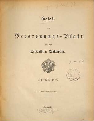 Gesetz- und Verordnungsblatt für das Herzogtum Bukowina. 1889, 1889