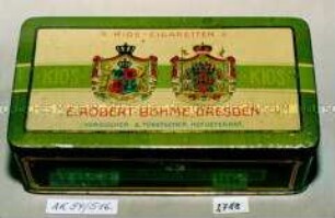 Blechdose für 100? Stück "KIOS-CIGARETTEN E.ROBERT BÖHME, DRESDEN" (Abbildung zweier gekrönter Wappen)