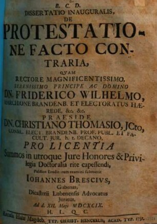 Diss. inaug. de protestatione, facto contraria