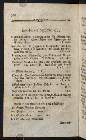900-901, Kalender auf das Jahr 1793