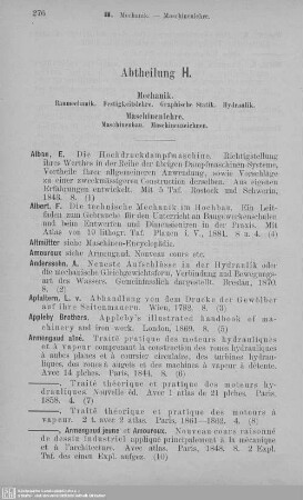 Abt. H. Mechanik. Maschinenlehre : Baumechanik. Festigkeitslehre. Graphische Statik. Kybernetik. - Maschinenbau. Maschinenzeichnen