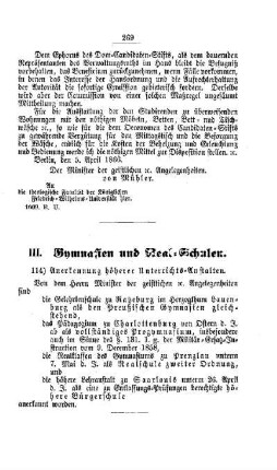 Anerkennung höherer Unterrichts-Anstalten : [III. Gymnasien und Real-Schulen]