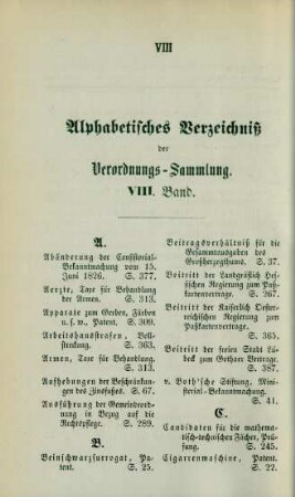 Alphabetisches Verzeichniß der Verordnungs-Sammlung VIII. Band
