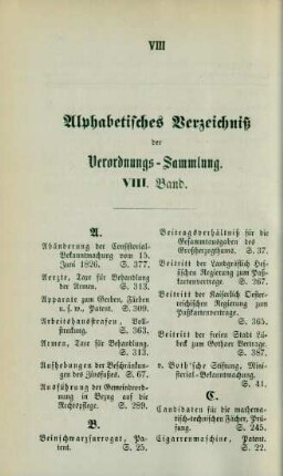 Alphabetisches Verzeichniß der Verordnungs-Sammlung VIII. Band