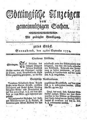 38tes Stück. Sonnabend, den 24ten September 1774.