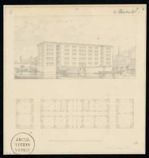 Magazingebäude Monatskonkurrenz Januar 1833: Grundriss eines Obergeschosses, perspektivische Ansicht; Maßstabsleiste