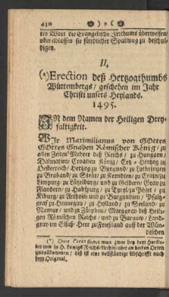 II. Erection deß Hertzogthumbs Würtembergs/ geschehen im Jahr Christi unsers Heylands. 1495