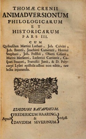 Thomae Crenii Animadversiones Philologicae Et Historicae, 3