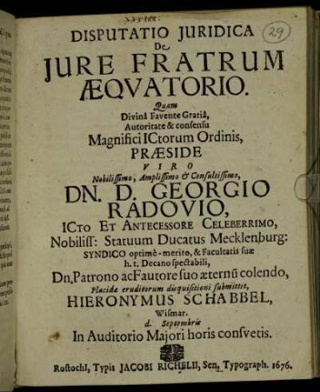 Disputatio Iuridica De Iure Fratrum Aequatorio