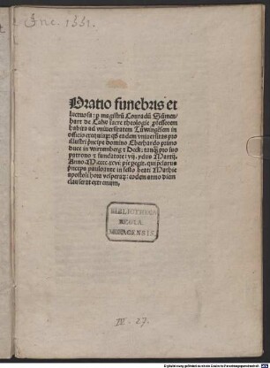 Oratio funebris et luctuosa pro Eberhardo duce in Württemberg et Teck : Tübingen 9.3.1496. Mit Epitaph auf Herzog Eberhard im Bart von Heinrich Bebel