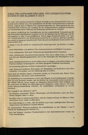 Ziele und Aufgaben des Lese- und Literaturunterrichts in den Klassen 5 und 6