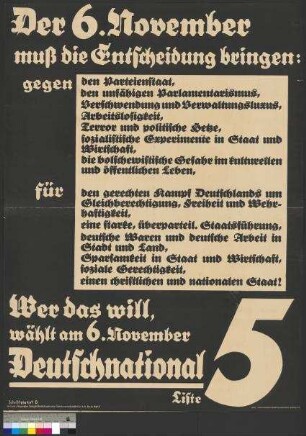 Wahlplakat der DNVP zur Reichstagswahl am 6. November 1932