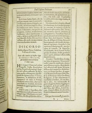 Discorso Di Monsignot Pietro Cedolini, Vescouo di Lesina. Fatto alla Santita di Nostro Sign. Clemente Ottavo, per la difesa contra il Turco l Anno 1594.