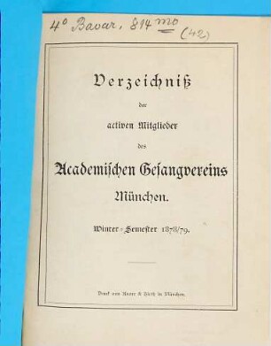 Verzeichnis der aktiven Mitglieder des Akademischen Gesangvereins München. 1878/79