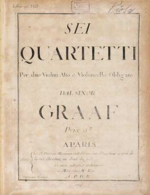 SEI QUARTETTI Per due Violini Alto e Violoncello Obligato DAL SINOR (!) GRAAF