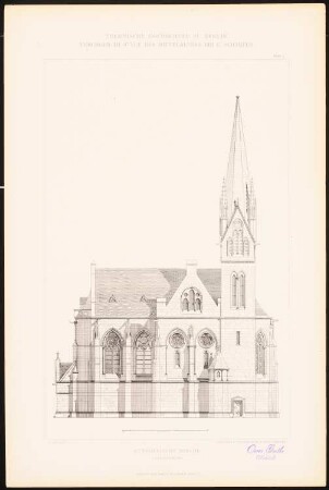 Evangelische Kirche: Ansicht Längsseite (aus: C. Schäfer, Die Bauhütte, Entwürfe im Stile des Mittelalters, 3. Bd., 1895, Blatt 3)