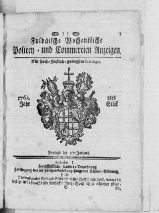 2tes Stück, Ausgabe vom 8. Januarii 1768