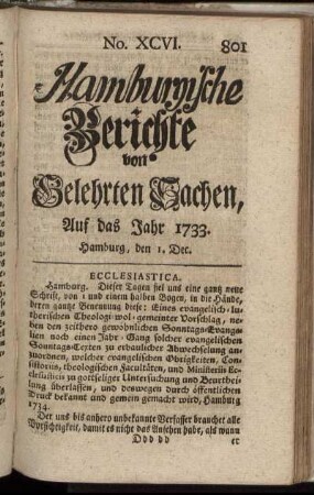 No. XCVI. Hamburg, den 1. Dec. 1733. - No. CIV. Hamburg, den 29. Dec. 1733.