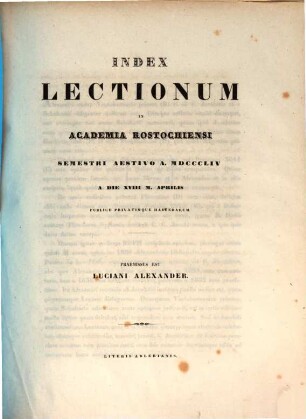 Index lectionum in Academia Rostochiensi ... publice privatimque habendarum, SS 1854