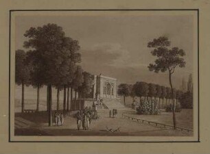 Ansicht vom Belvedére auf der Brühlschen Terrasse, sepiagetönte Umrissradierung, um 1821 : Zingg, Adrian : Belvedére auf dem Brühlschen Garten / [gefertigt von Adrian Zingg?]. - [S.l.] , [ca. 1821]. - 1 Kunstbl. : sepiagetönte Umrißradierung ; 15 x 10 cm