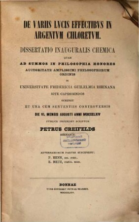 De variis lucis effectibus in argentum chloretum : Diss. inaug. chemica