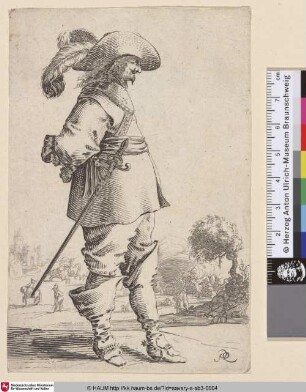 [Kavalier im rechten Profil mit Federhut im Hintergrund ein Gefecht; Cavalier in right Profile. Wears double plumed hat. Cavaly skirmish at right]