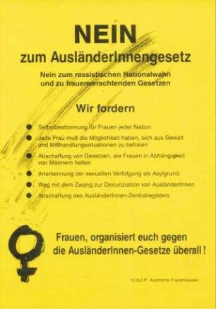 Kampagne der Autonomen Frauenhäuser gegen AusländerInnengesetzgebung