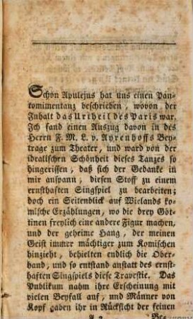 Das Urtheil des Paris travestirt : ein Singspiel von einem Aufzuge ; aufgeführt auf dem k. k. privilegirten Schickanederischen Theater