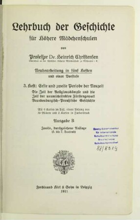 H. 3B: Die Zeit der Religionskämpfe und die Zeit der unumschränkten Fürstengewalt, Brandenburgisch-preußische Geschichte : erste und zweite Periode der Neuzeit