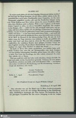 Friedrich Creuzer an August Wilhelm von Schlegel, Heidelberg, 10.04.1809