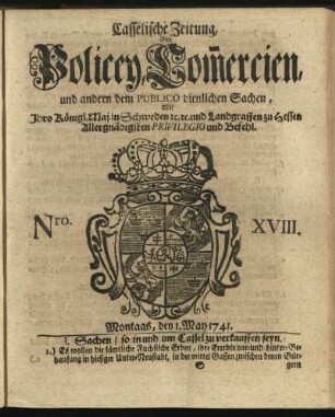 Nro. XVIII, Montags, den 1. May 1741