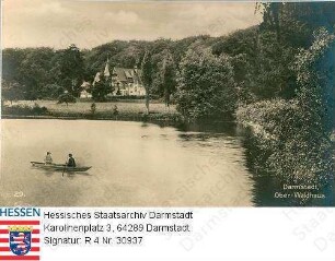 Darmstadt, Oberwaldhaus / See mit Boot und Blick auf das Oberwaldhaus
