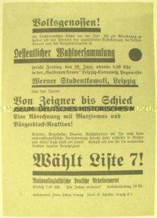 Propagandaflugblatt der NSDAP Leipzig zur Reichstagswahl 1930 mit dem Aufruf zu einer Wahlversammlung