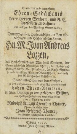 Erneuertes und vermehrtes Ehren-Gedächtnis derer Herren Seniorn, und A.C. Professoren zu Erffurt