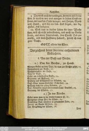 Verzeichnis derer hierinne enthaltenen Andachten.