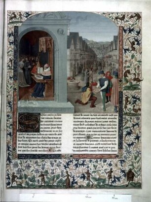 Des cas des nobles hommes et femmes — Boccaccio verfaßt sein Werk und überreicht es dei Cavalcanti, Folio 10recto