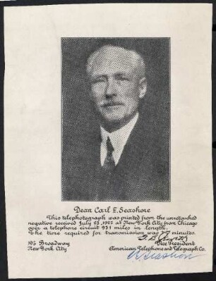 [Telephotograph with dedication to Carl E. Seashore]
