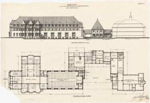 Kasino für ein Industrieunternehmen, Lübeck: Grundriss Erdgeschoss 1:200; Aufriss Vorderansicht 1:200