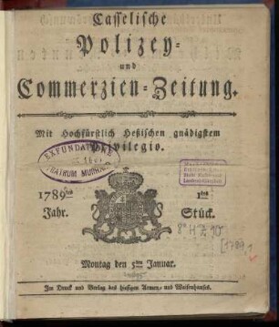1tes Stueck, Montag den 5ten Januar. 1789