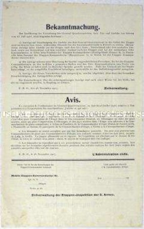 Bekanntmachung der Zivilverwaltung der Etappeninspektion der 5. Armee zur Ein- und Ausfuhr von Gütern (französisch, deutsch)
