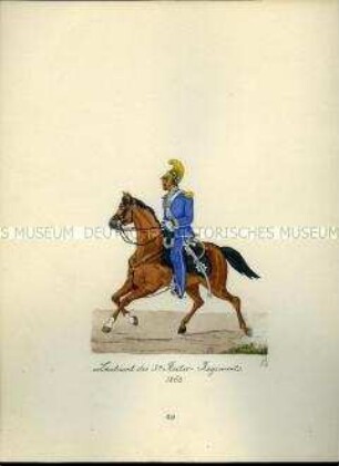 Uniformdarstellung, Leutnant des 3. Reiter-Regiments zu Pferd, 1863. Aus: Sammelmappe "Sachsens Militär", Königliche Arsenalsammlung.