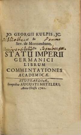 In Sev. de Monzambano de Statu Imperii Germanici Librum Commentationes